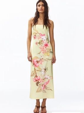 NWT H&M Floral Strapless Midi Dress in Light Yellow and Pink